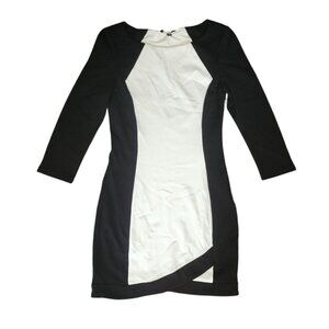 Bebe Dress Womens Size‎ M Medium Black White Bodycon Stretch Side Zip 3/4 Sleeve
